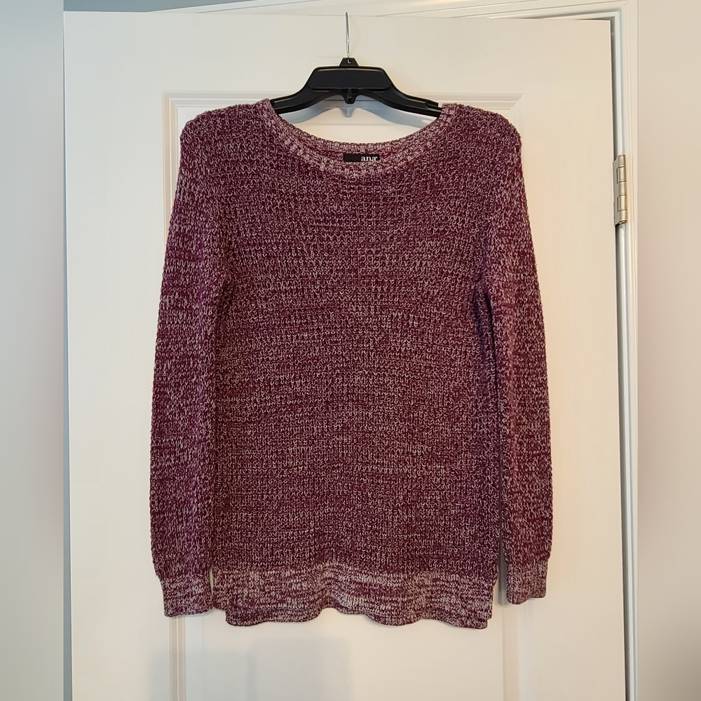 Women's Sz M a.n.a. Long Sleeve Knit Crew Neck Sweater, Raspberry/White